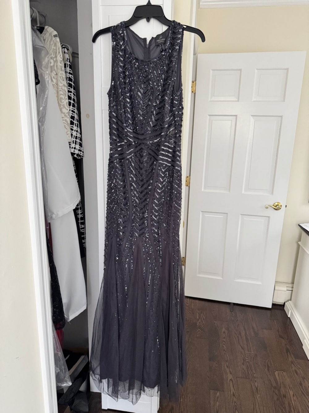 Adrianna Papell Charcoal Beaded Sleeveless Maxi Gown Size 10